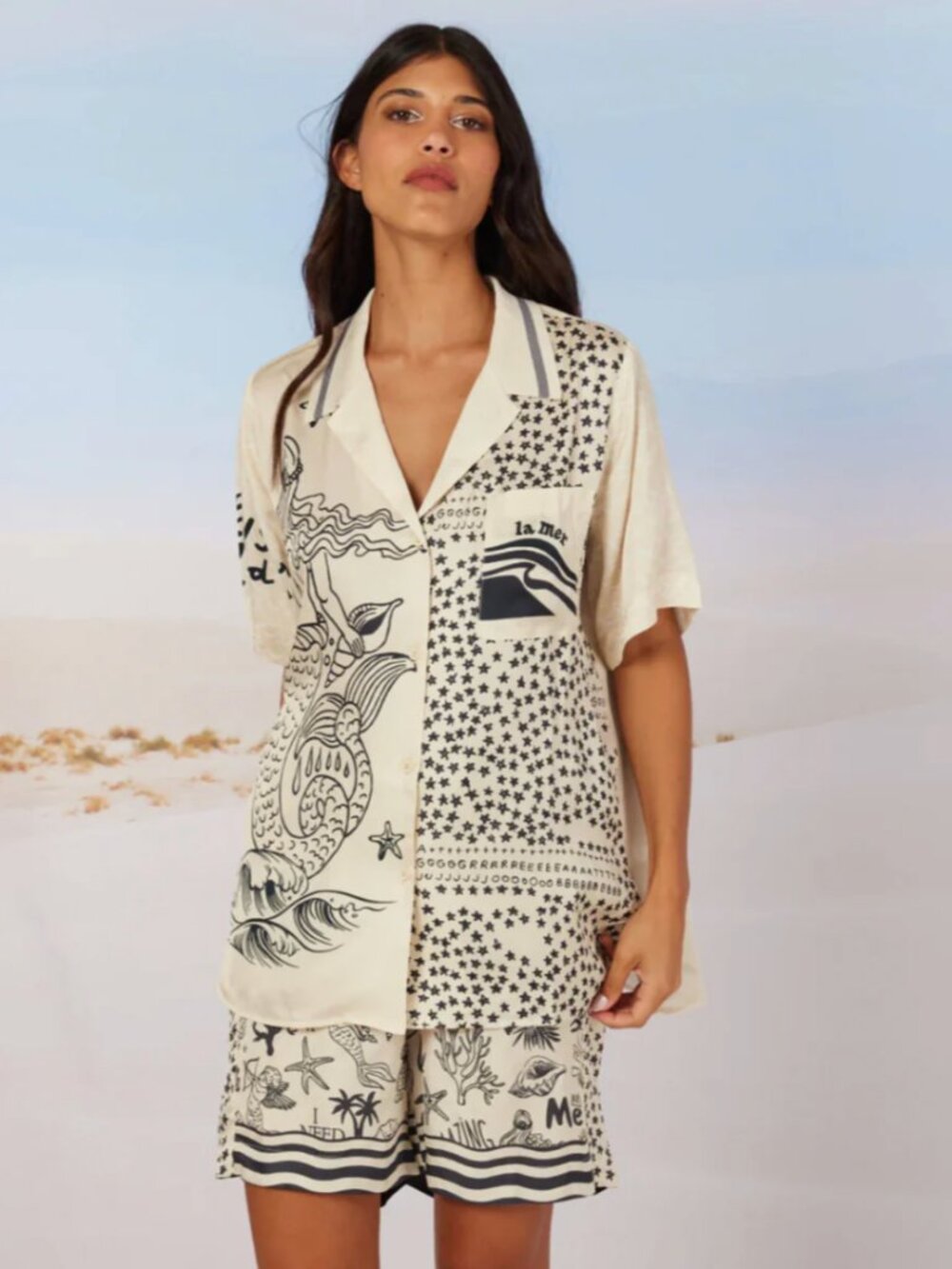 ME369 Lilian Knit Collar Mermaid Shirt | Oversized Resort Button Down (M)